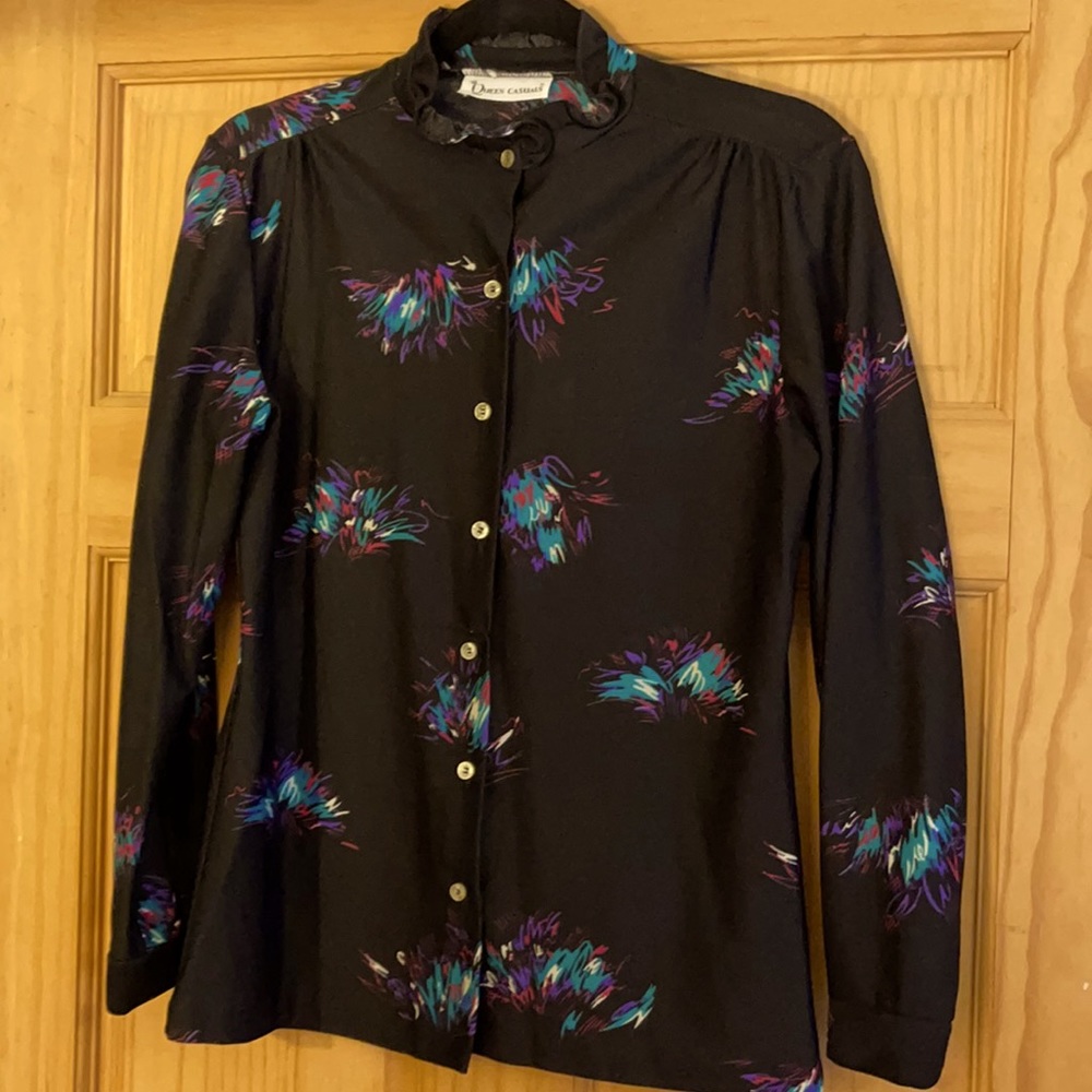 Queen Casual Vintage Ruffle Collar Black Chiffon Button Down Mod Print Blouse